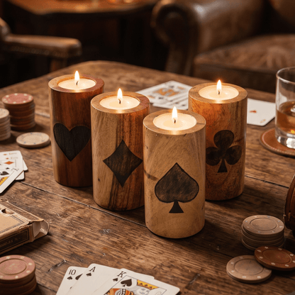 Wooden Tealight Candle Holders with Etched Cards Design - Set of 4