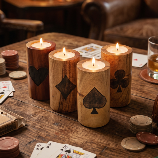 Wooden Tealight Candle Holders with Etched Cards Design - Set of 4