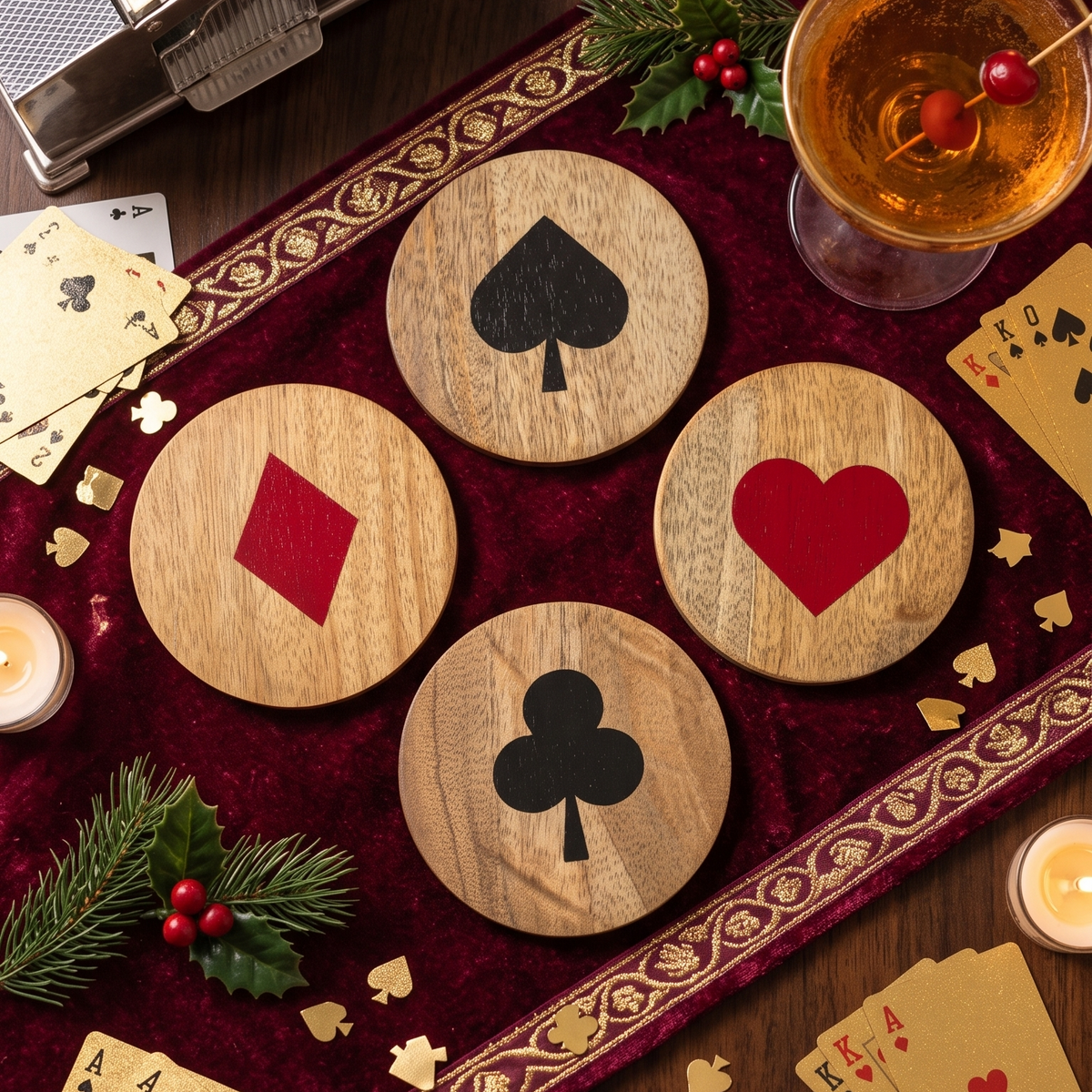 Round Wooden Coasters Set of 4 | Playing Card Suit Design -PR