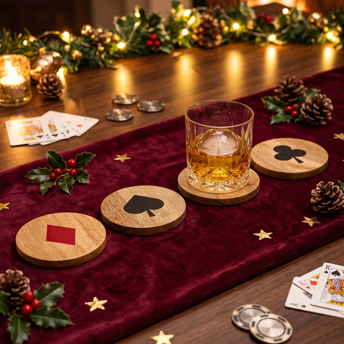 Round Wooden Coasters Set of 4 | Playing Card Suit Design -PR