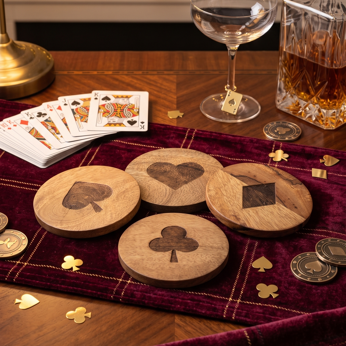 Round Wooden Coasters Set of 4 | Playing Card Suit Design -ETCH