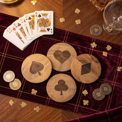 Round Wooden Coasters Set of 4 | Playing Card Suit Design -ETCH