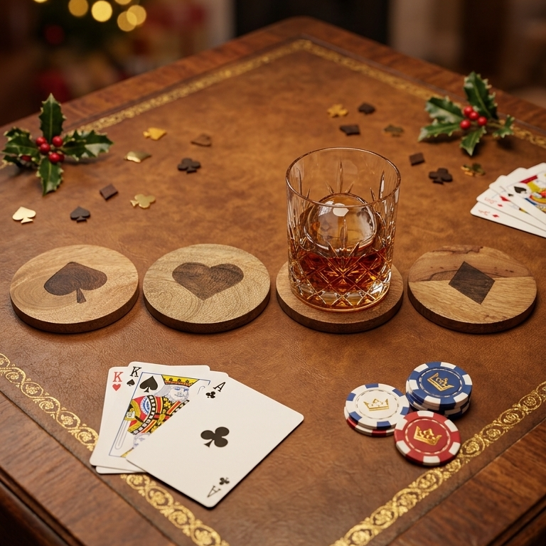 Round Wooden Coasters Set of 4 | Playing Card Suit Design -ETCH