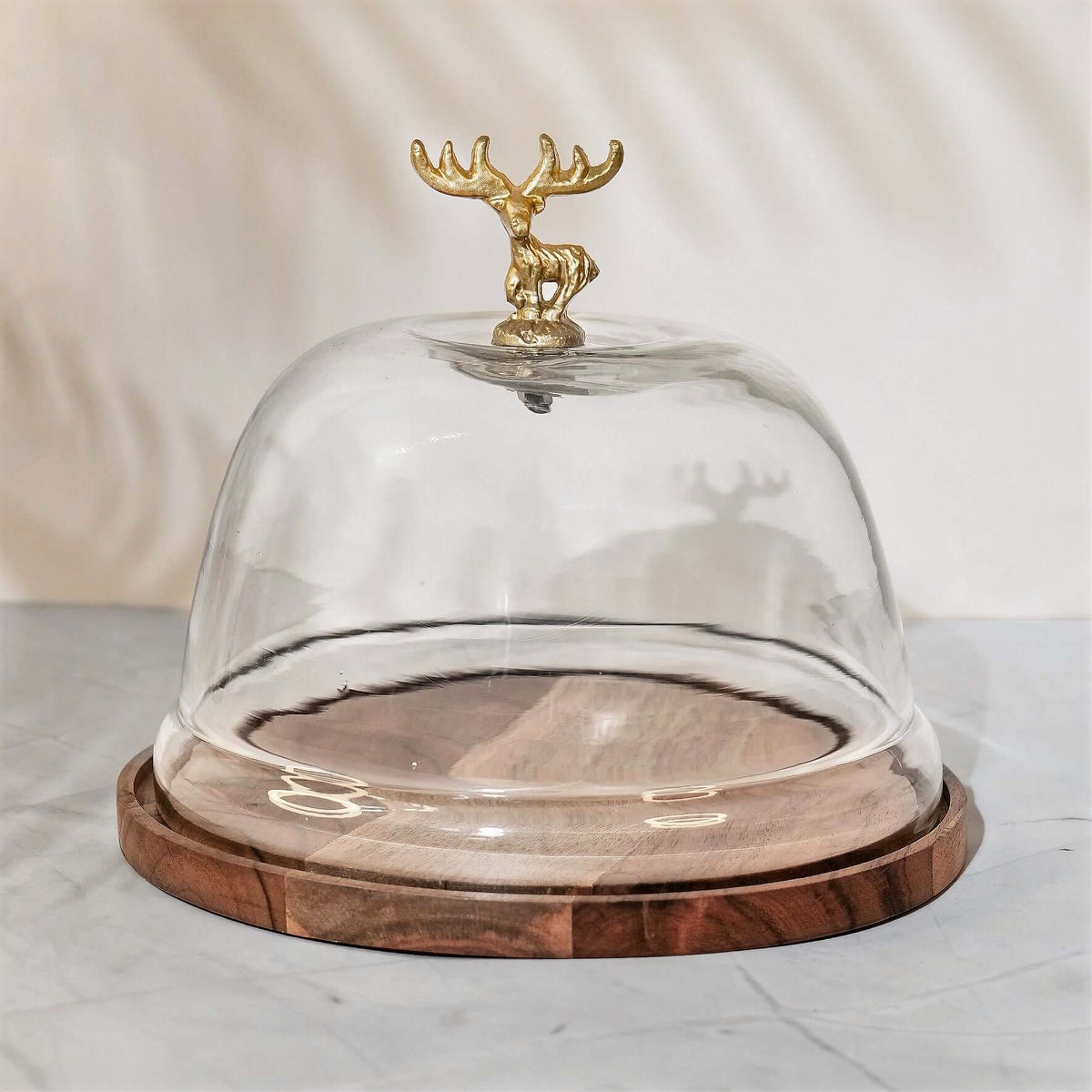 Wooden Cake Stand with Glass Dome - 8" Reindeer
