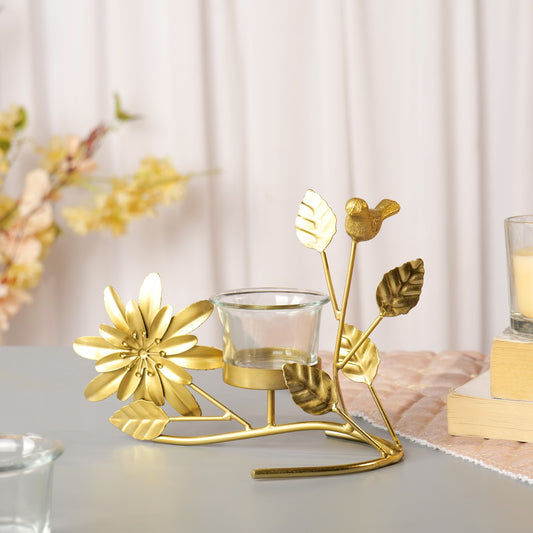 Golden Tealight Holder with Glass Cup – Birds, Leaves & Flower Accents