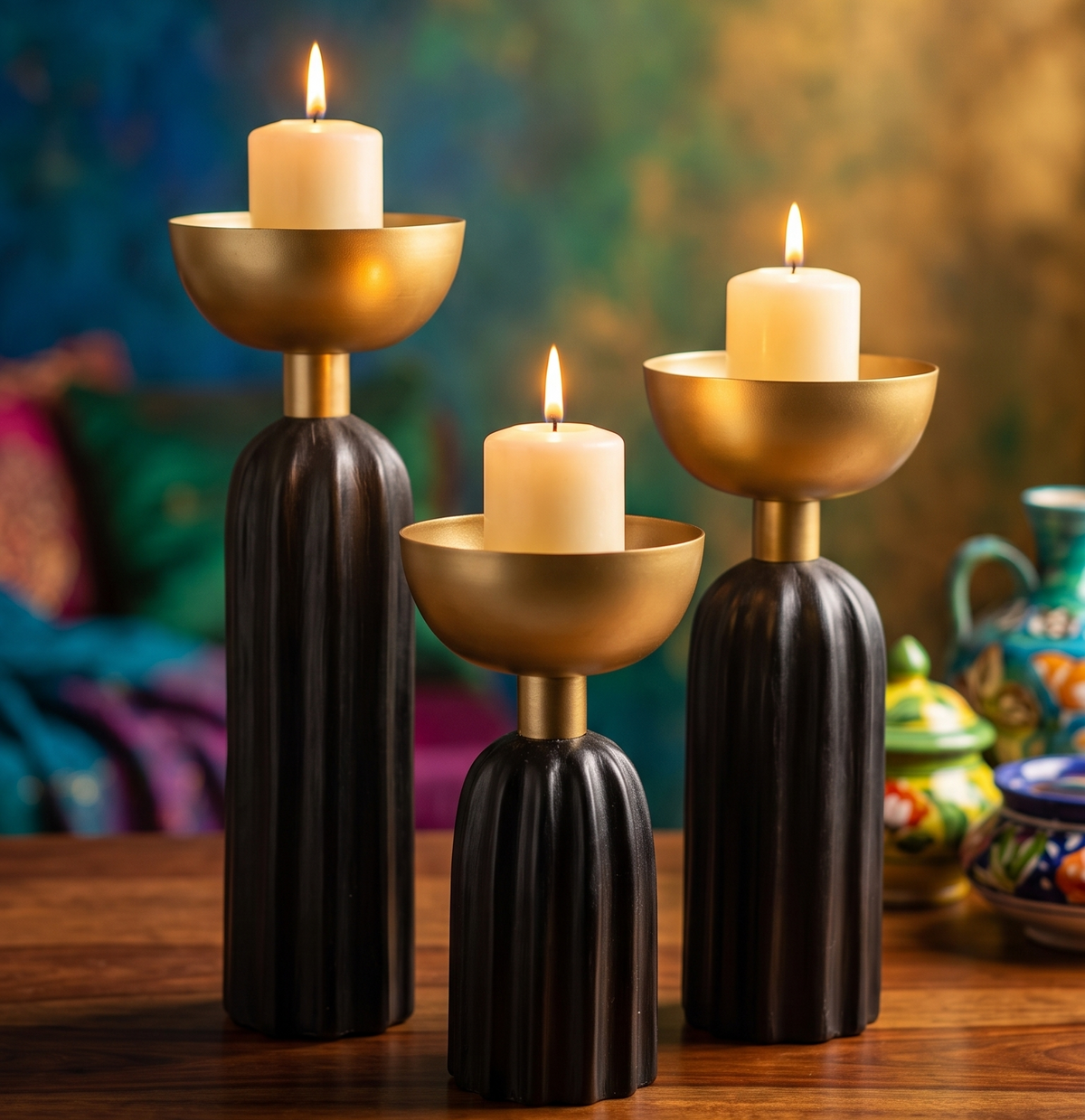 Modern Fluted Pillar Candle Holders - Black & Gold (Set of 3)