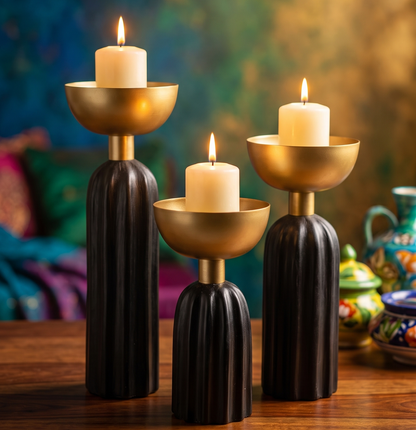 Modern Fluted Pillar Candle Holders - Black & Gold (Set of 3)
