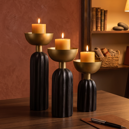 Modern Fluted Pillar Candle Holders - Black & Gold (Set of 3)