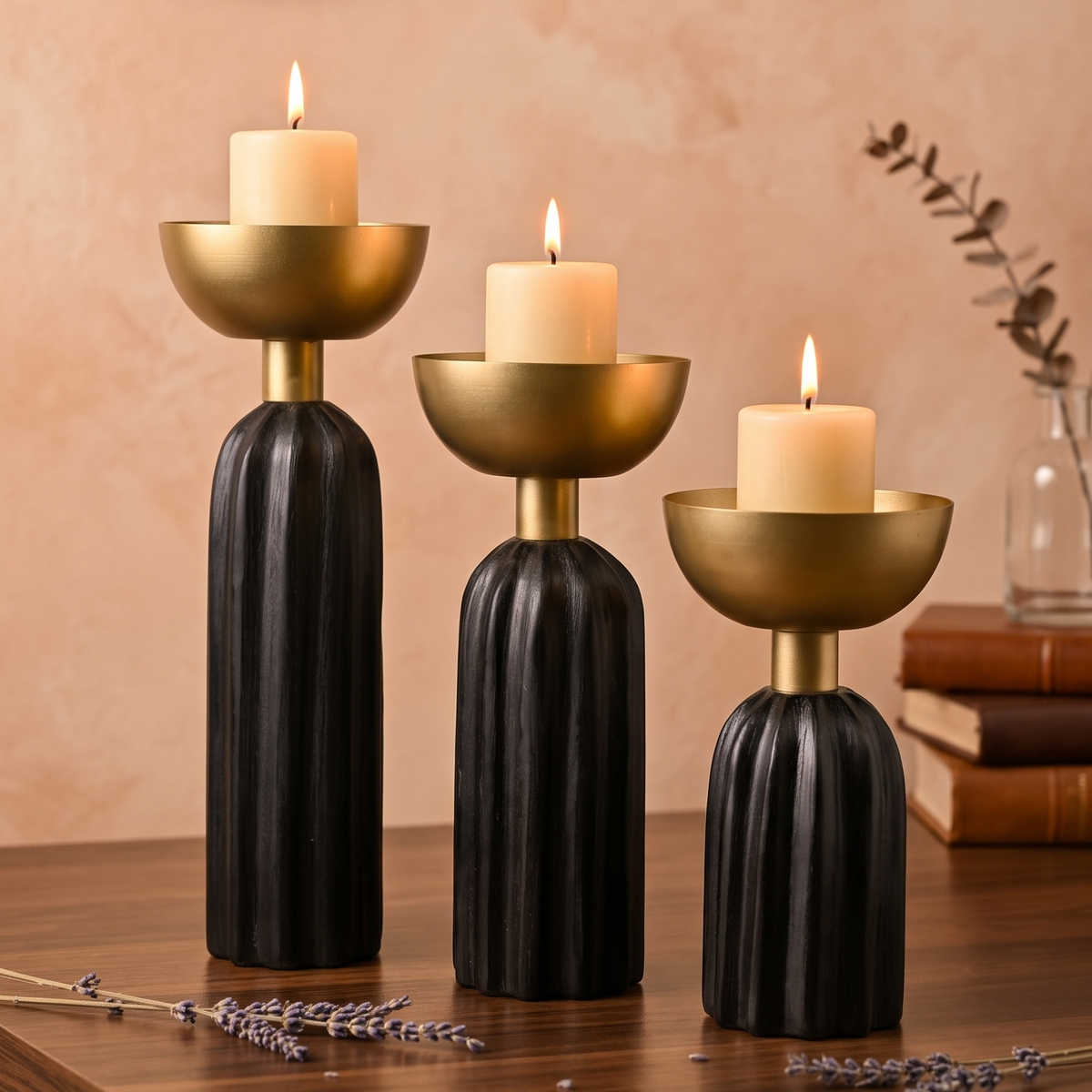 Modern Fluted Pillar Candle Holders - Black & Gold (Set of 3)