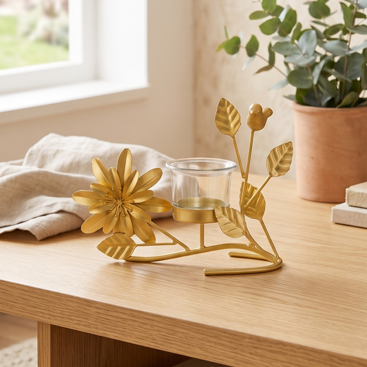 Tealight Holder with Glass Cup – Birds, Leaves & Flower Accents