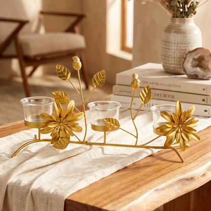 Golden Tealight Holder with 3 Glass Cups – Birds, Leaves & Flower Accents