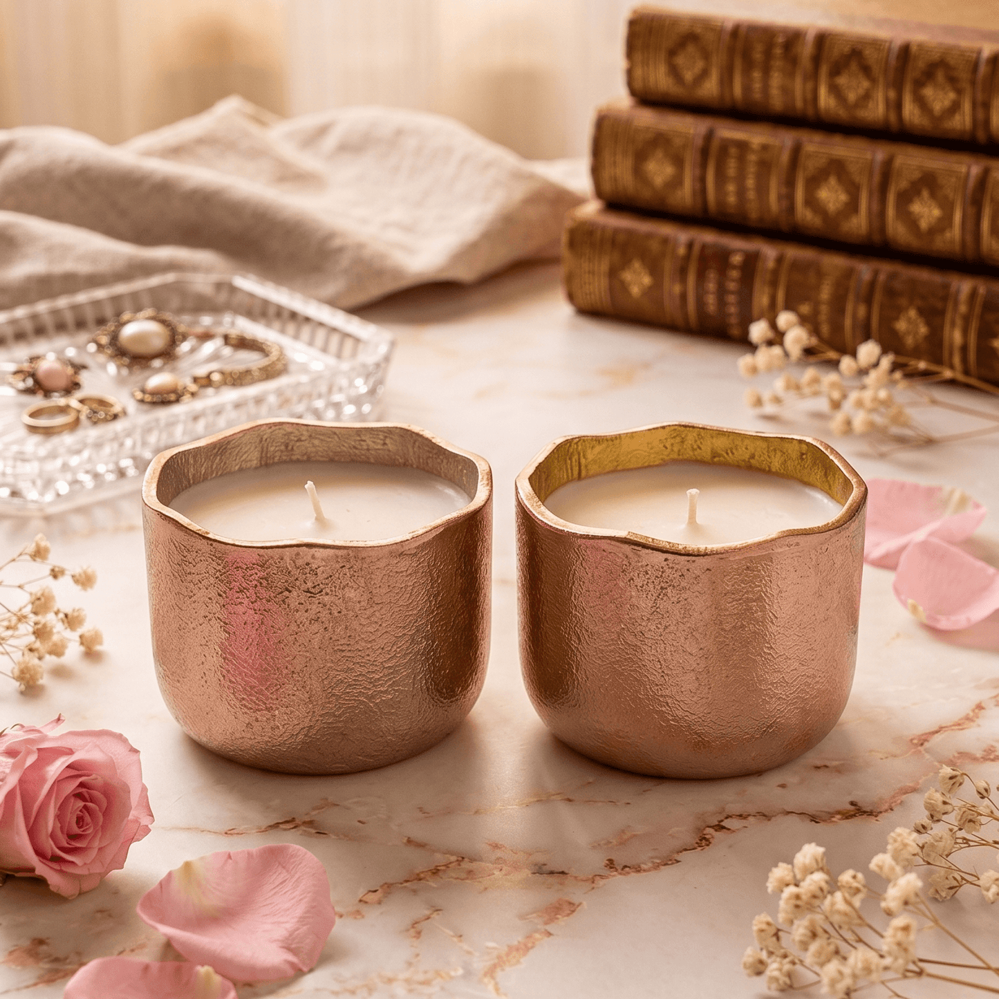 Aluminium Jar Candles, Set of 2 Rosegold Metal Candles