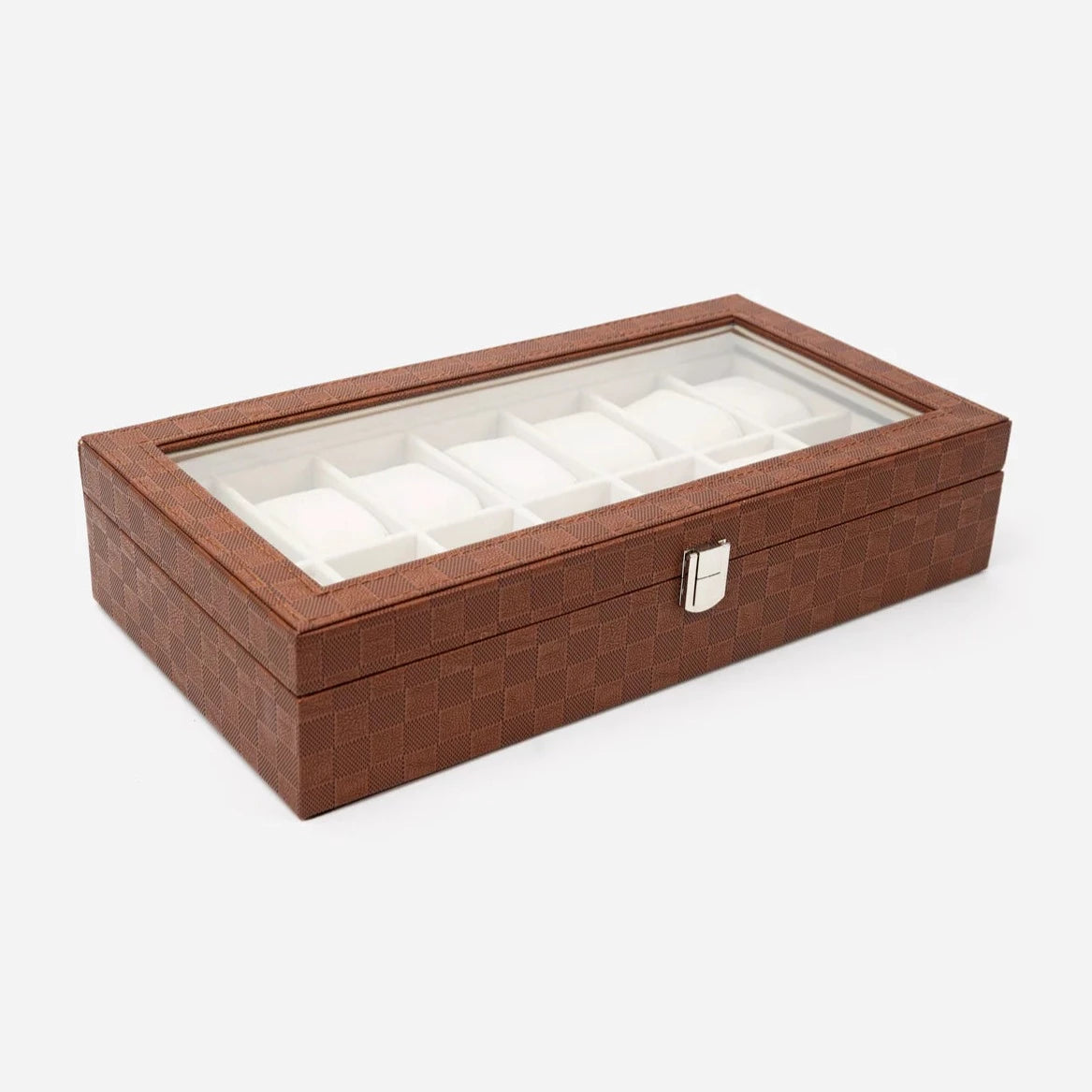 Brown Checked Leather Watch Organizer (14 slots)