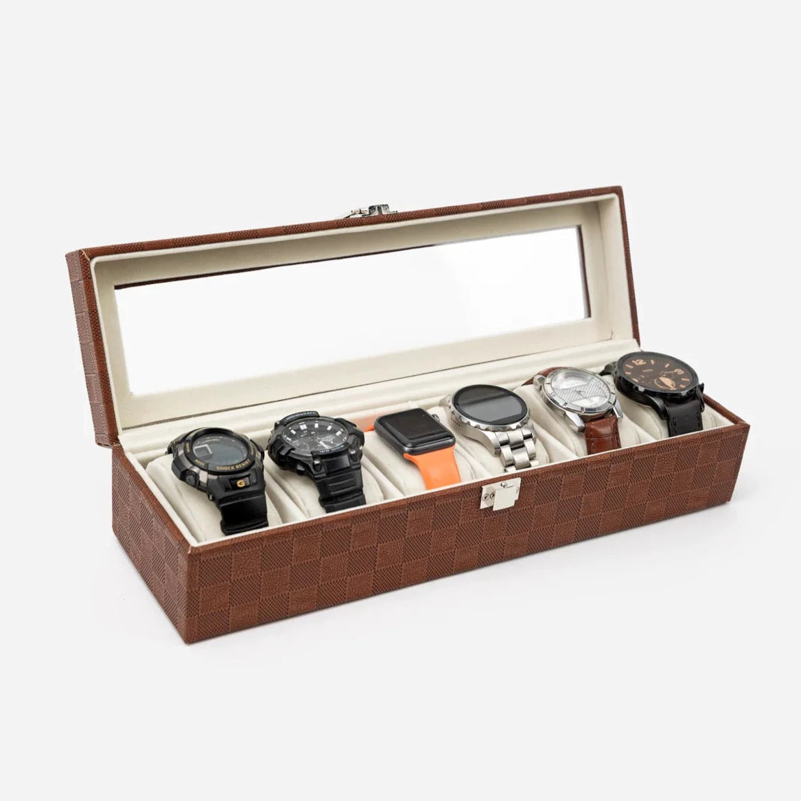 Brown Checked Leather Watch Organizer (6 slots)