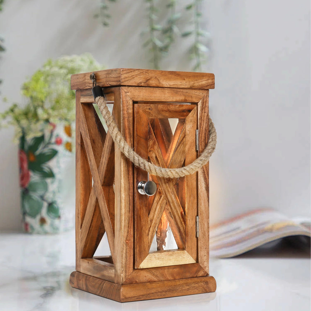 Wooden Floor Lantern with Rope - Large X