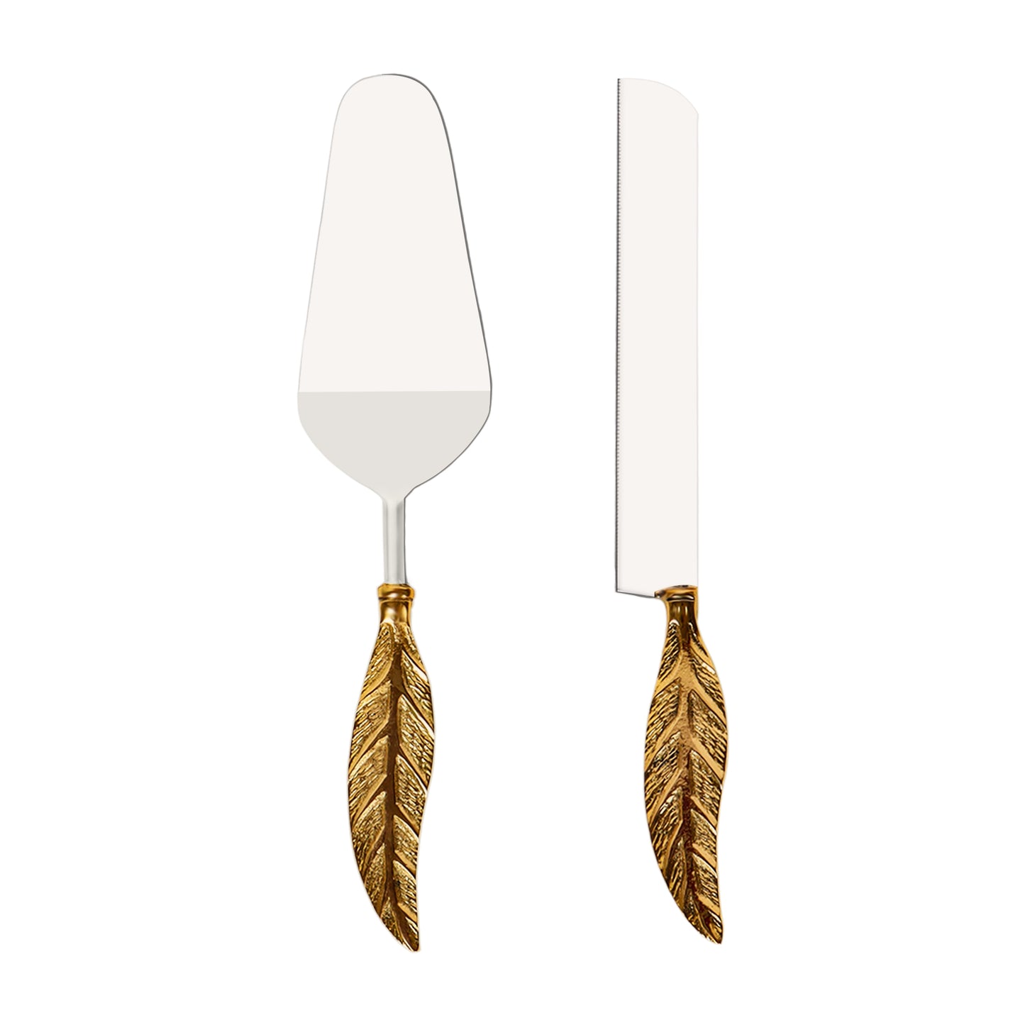 Stainless Steel and Brass Cake Server Set - Leaf