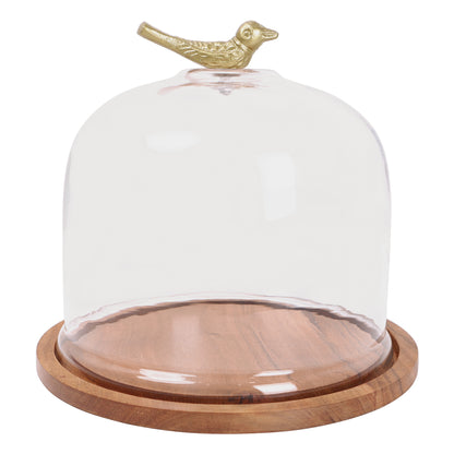 Wooden cake stand with cloche - Bird - 7.25 inch