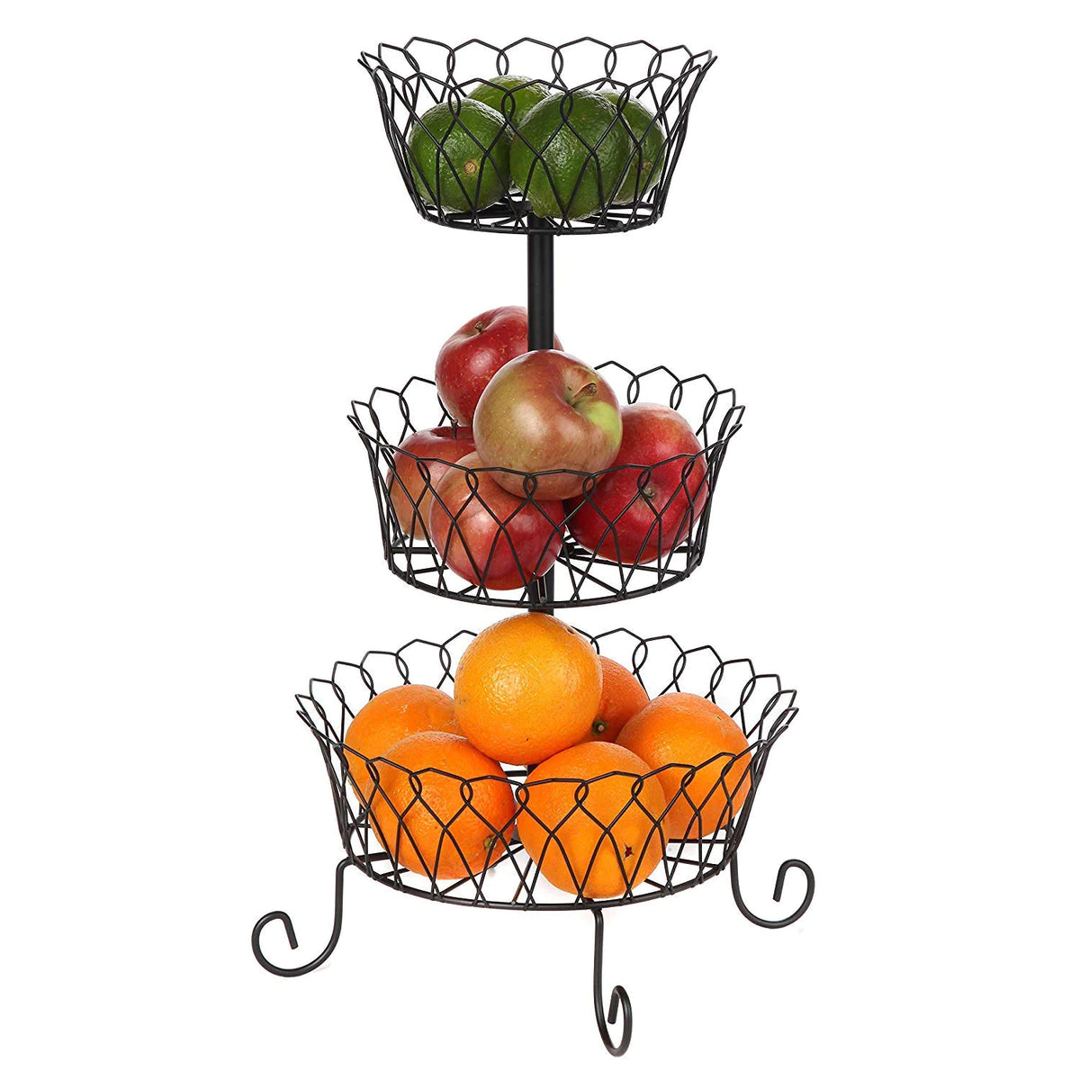 3 Tier Wire Fruit Basket Stand for Storing and Organizing Vegetables, Eggs, and More, Black - WV