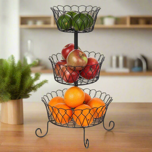 3 Tier Wire Fruit Basket Stand for Storing and Organizing Vegetables, Eggs, and More, Black - WV