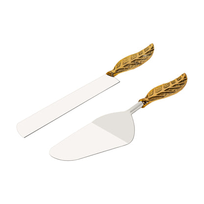 Stainless Steel and Brass Cake Server Set - Leaf