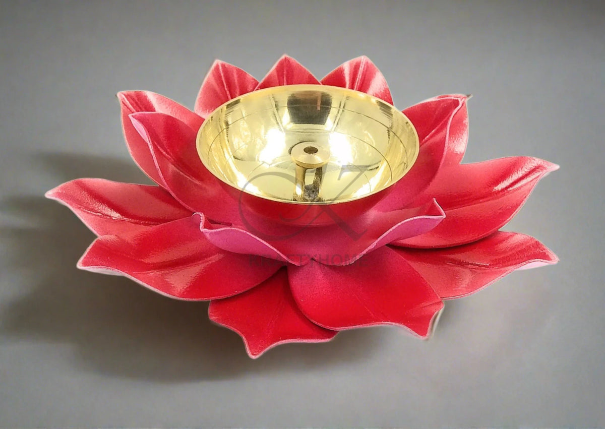 Brass Lotus Kuber Diya Puja Oil Lamp Deepak with Enamel for Home -RED