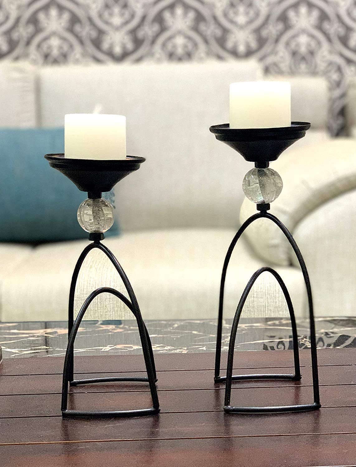 Candle Holder Set for Home Decor, Black Candle Stand , Crystal Bead -S/2 SM
