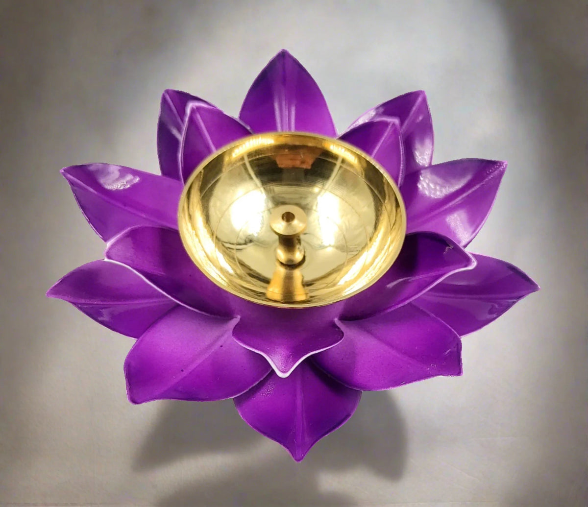 Brass Lotus Kuber Diya Puja Oil Lamp Deepak With Enamel For Home -PURPLE