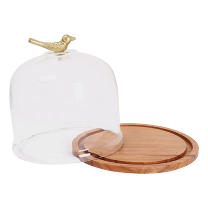 Wooden cake stand with cloche - Bird - 7.25 inch