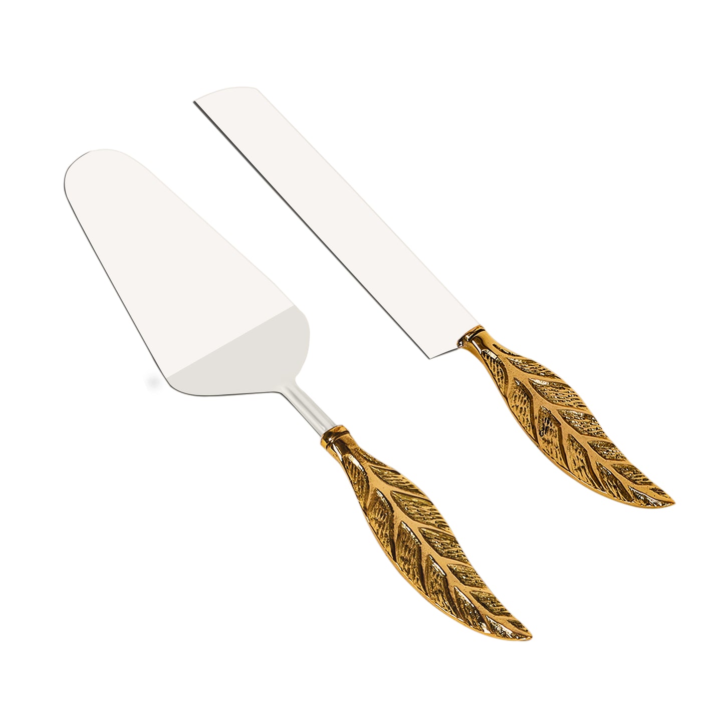 Stainless Steel and Brass Cake Server Set - Leaf