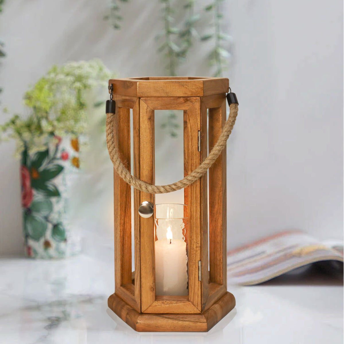Wooden Lantern with Jute Rope - Large HX