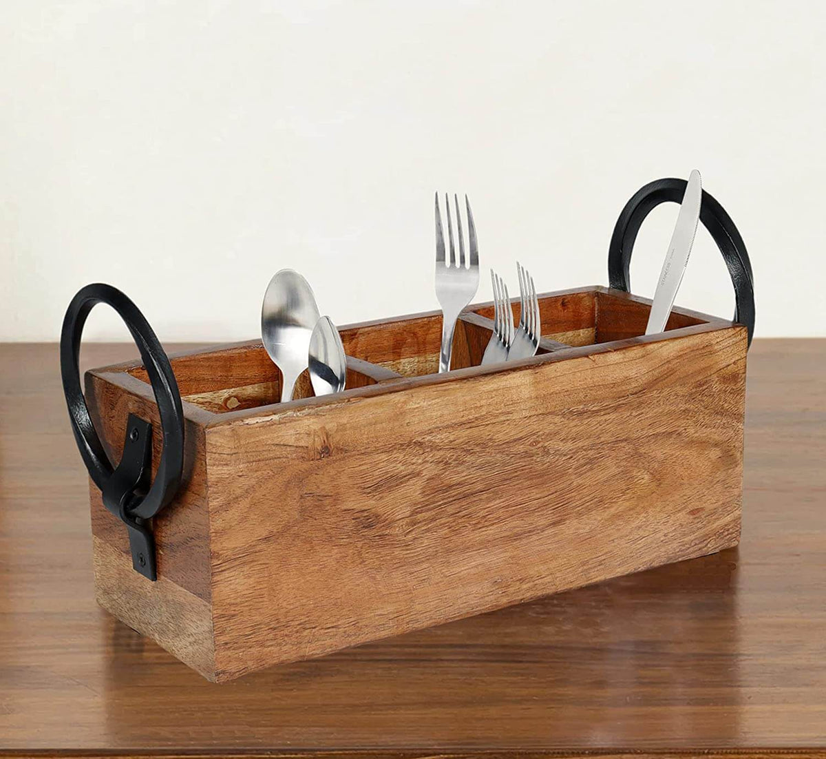 Acacia Wood Cutlery Holder with Metal Rings