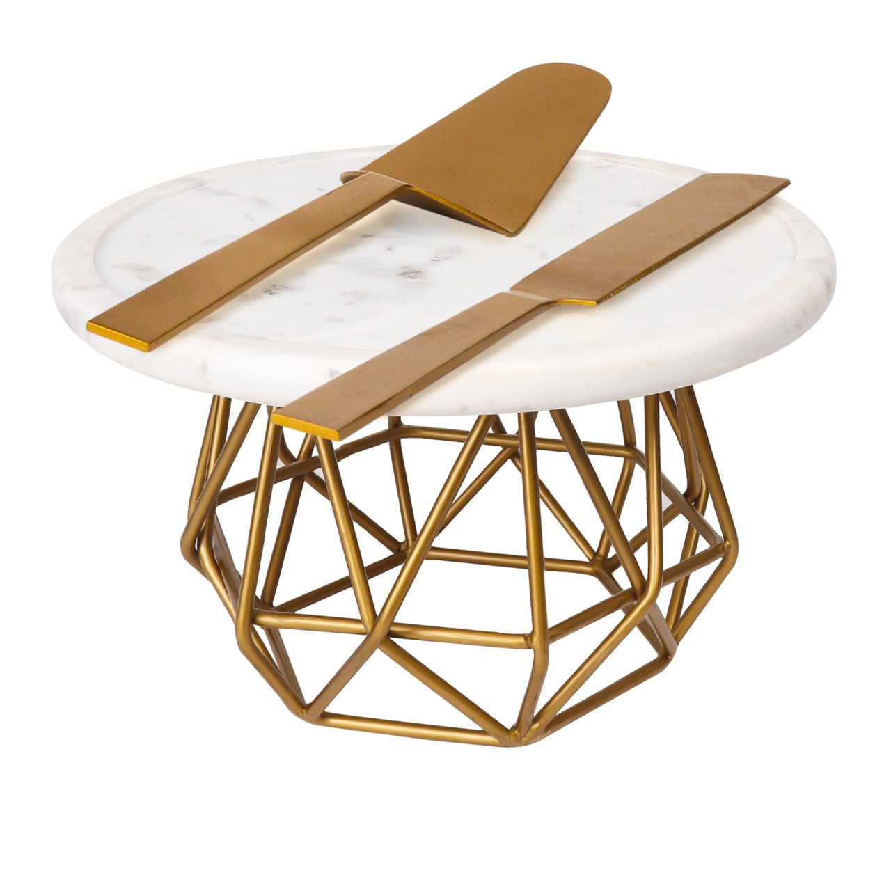 Cake Stand with Gold Finish Metal Base White Marble Top with Cake Cutlery