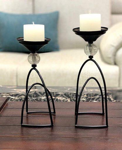 Candle Holder Set for Home Decor, Black Candle Stand , Crystal Bead -S/2 SM