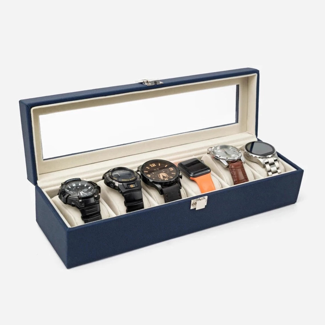 Navy Blue Leather Watch Organizer (6 slots)