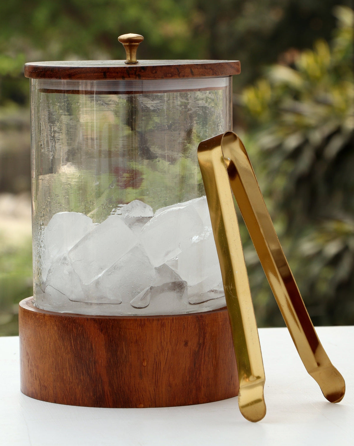 Wood and glass ice bucket with tong - 1.5 ltr