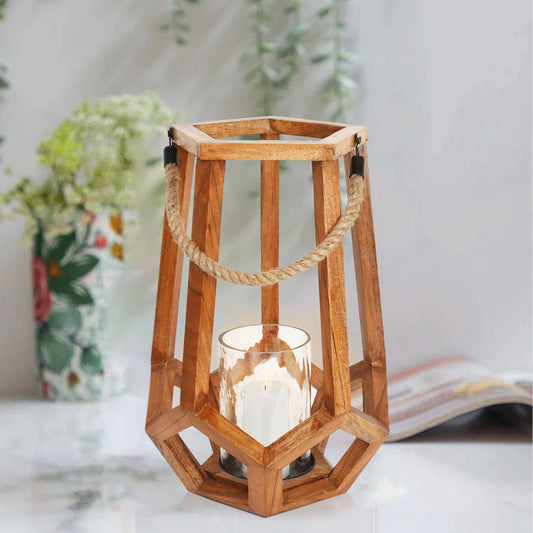 Wooden Lantern with Rope - W