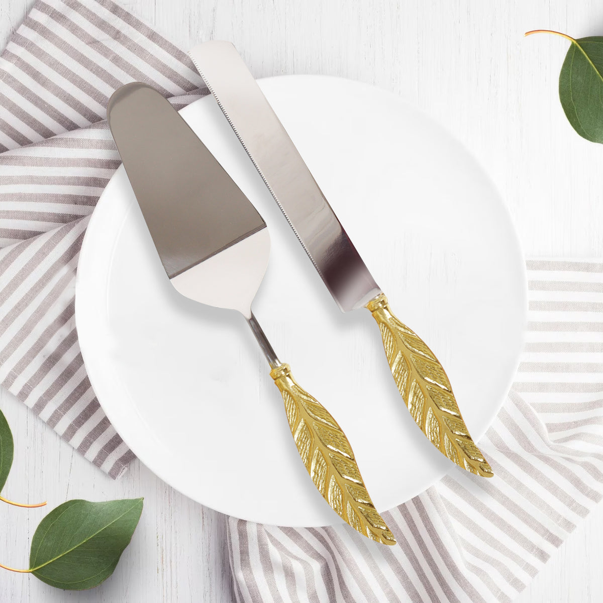 Stainless Steel and Brass Cake Server Set - Leaf